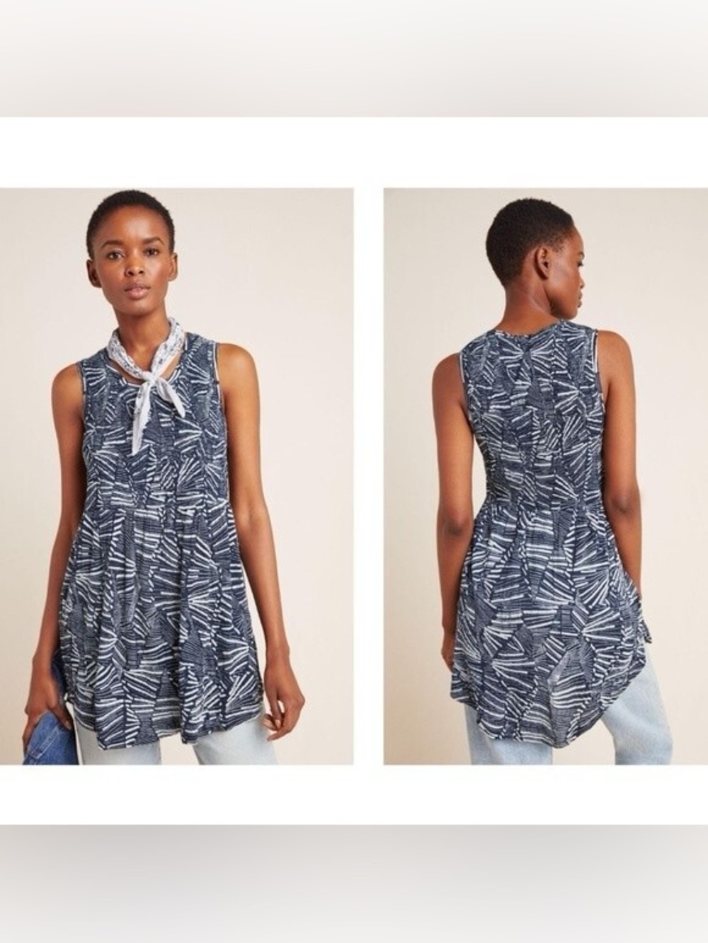 BY ANTHROPOLOGIE • Riley smocked tunic tank top blue white - XS